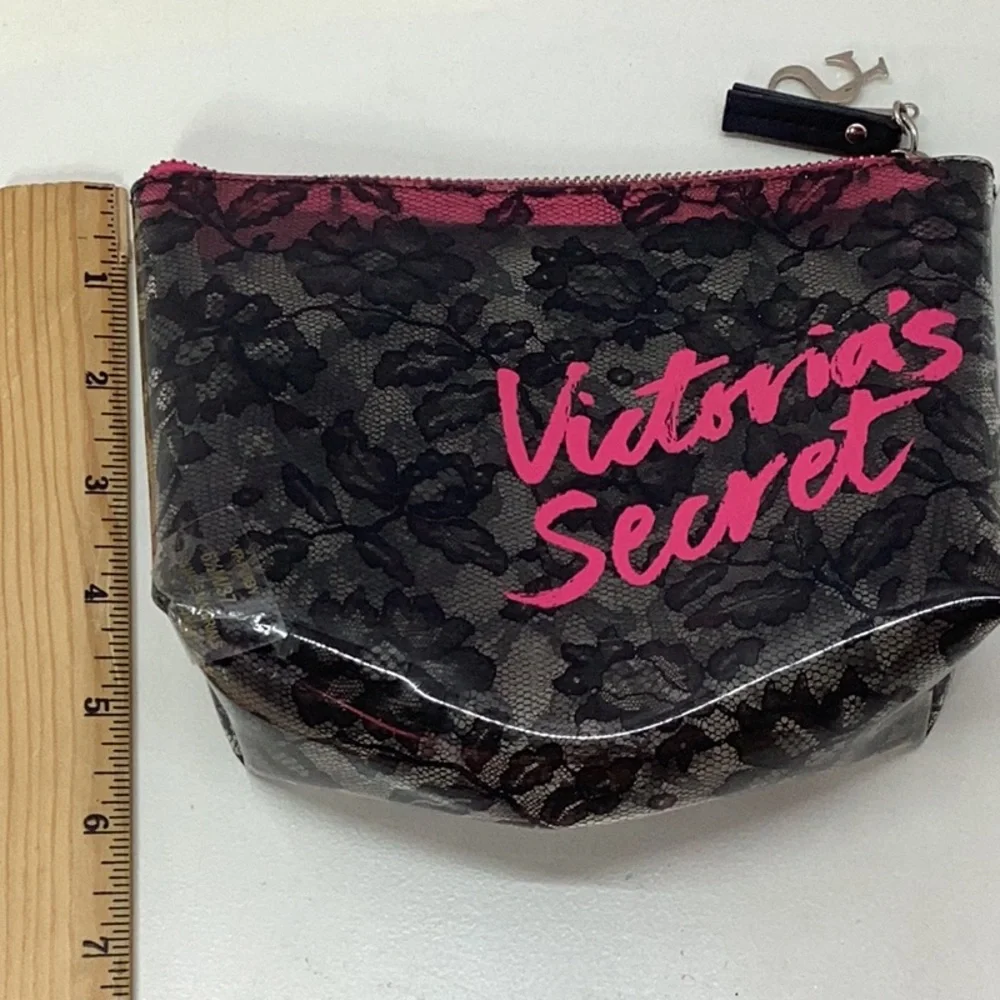 Victoria's Secret Black and Pink Cosmetic Bag with Lace Overlay